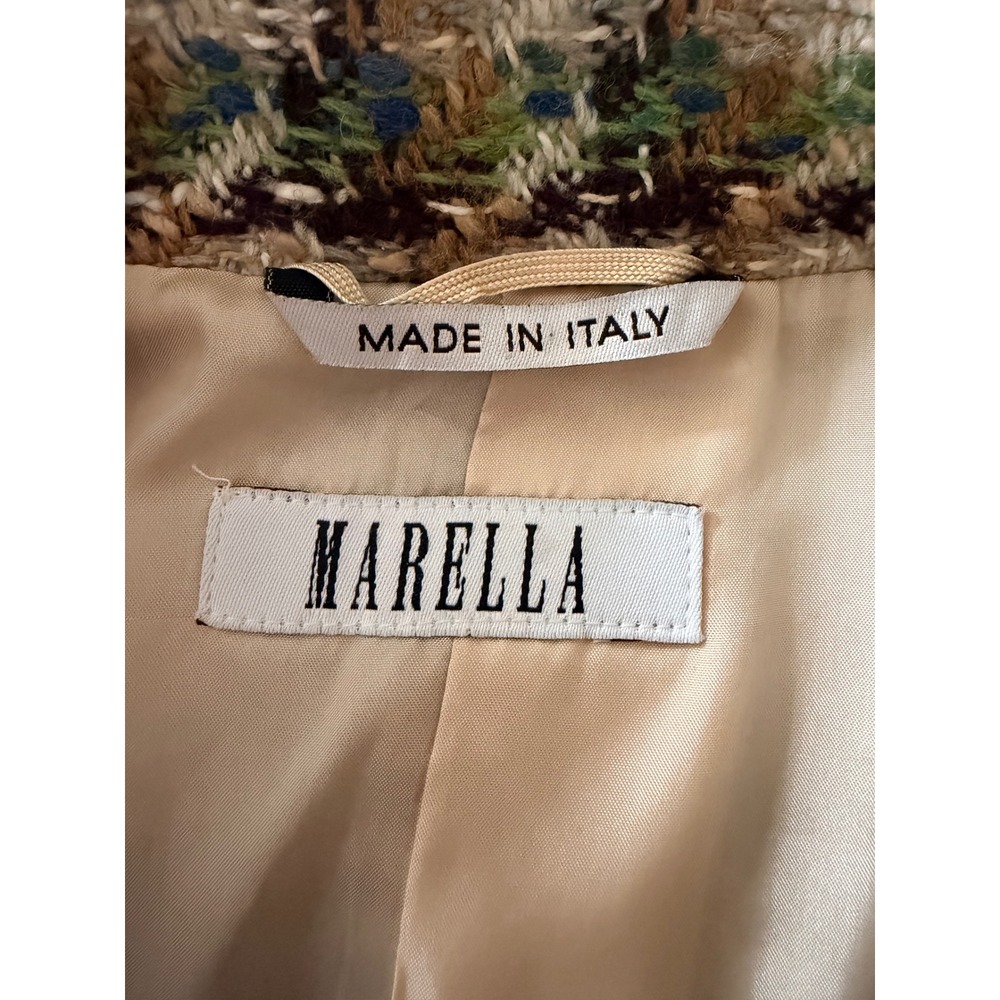 Marella Italy Virgin Wool Tweed Blazer Jacket Green Brown Sequin Trim Size 6 - Picture 5 of 8
